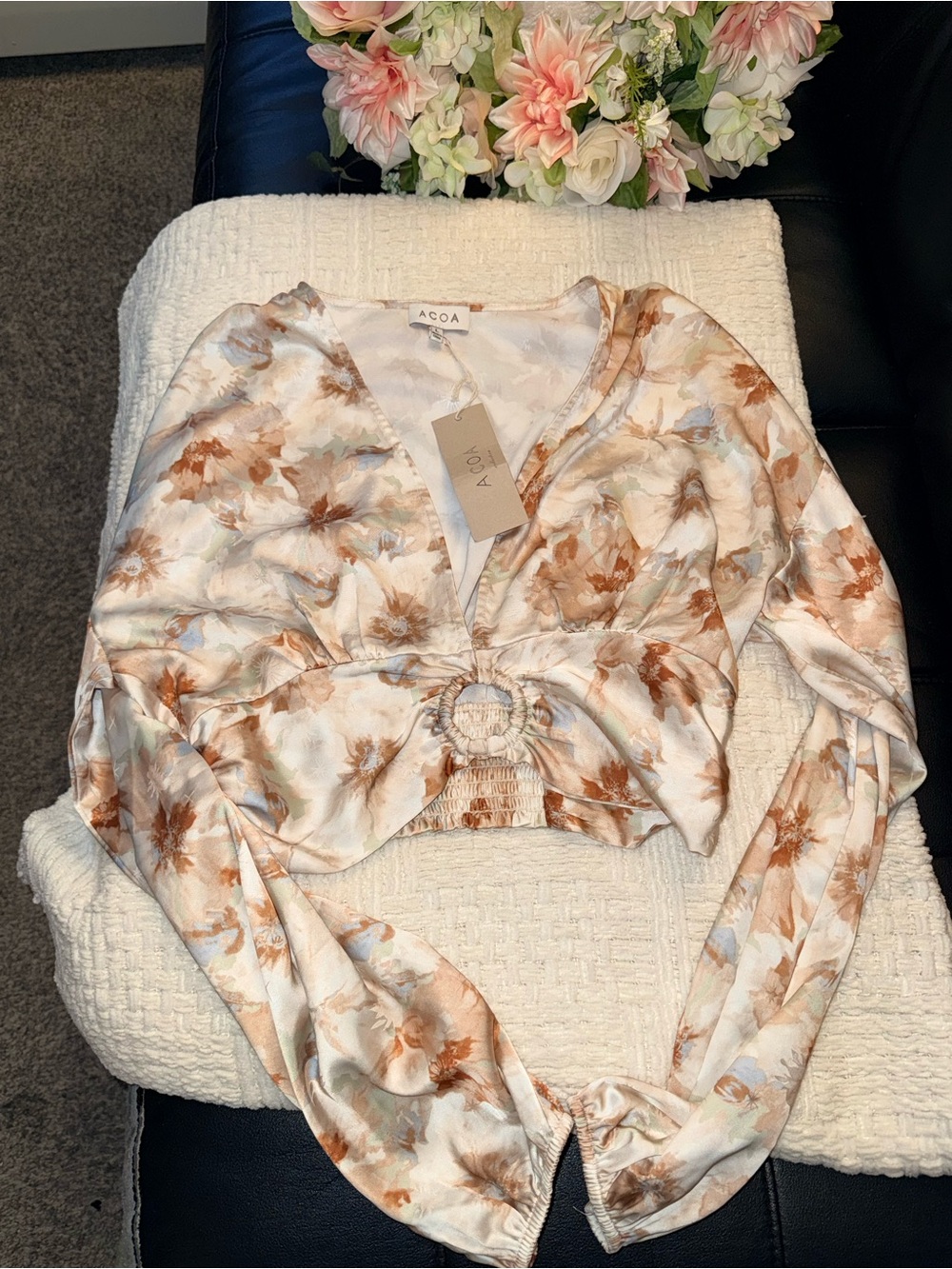 ACOA Floral Ring-Front Beige Blouse